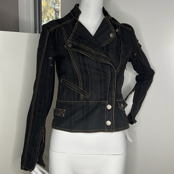 Just Cavalli Roberto Cavalli Sz 40 Black Denim Biker Jacket - Picture 1 of 15